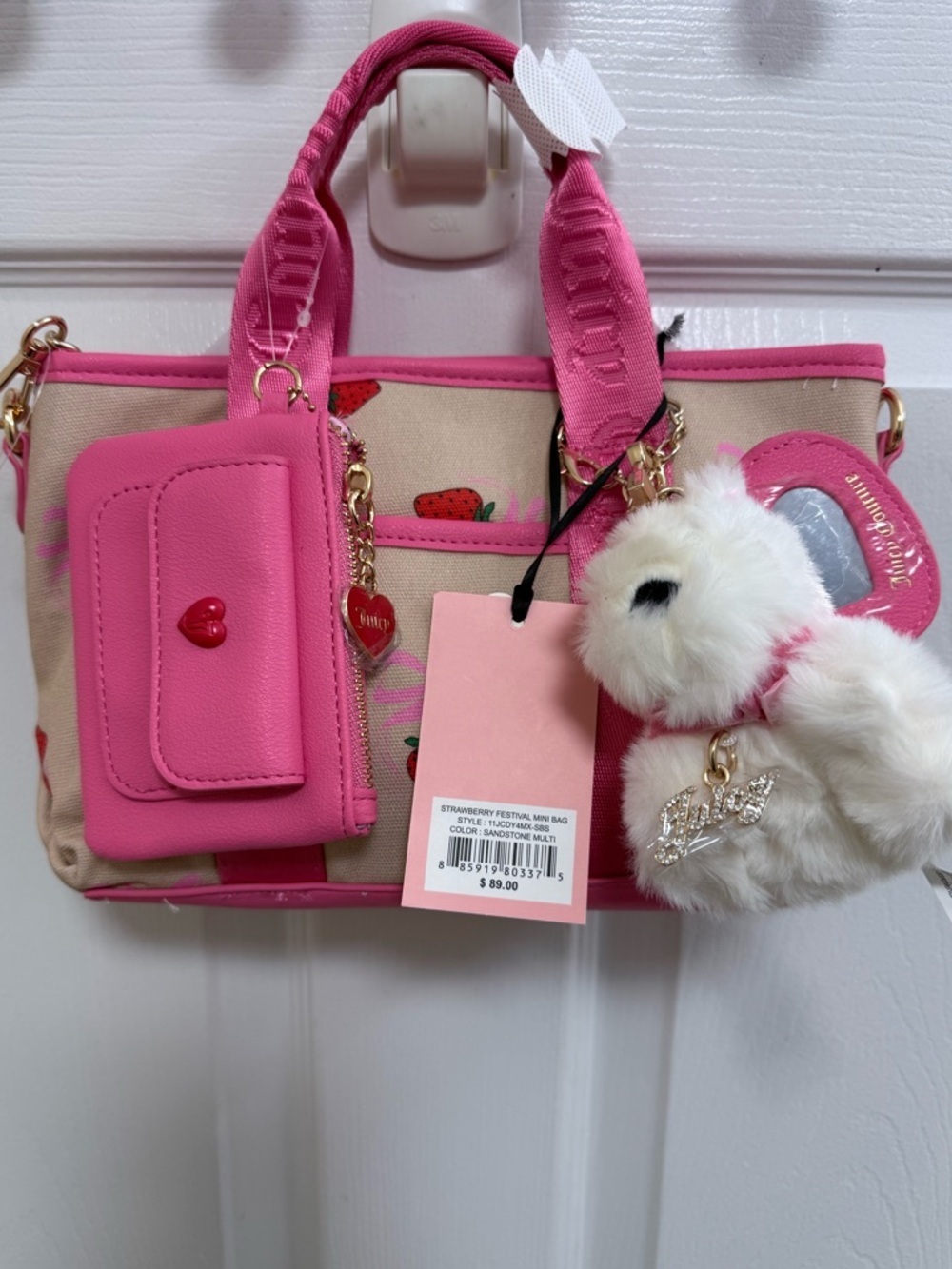 NWT Juicy Couture Strawberry Festival Bag in Sandstone with Charms & Coin Purse